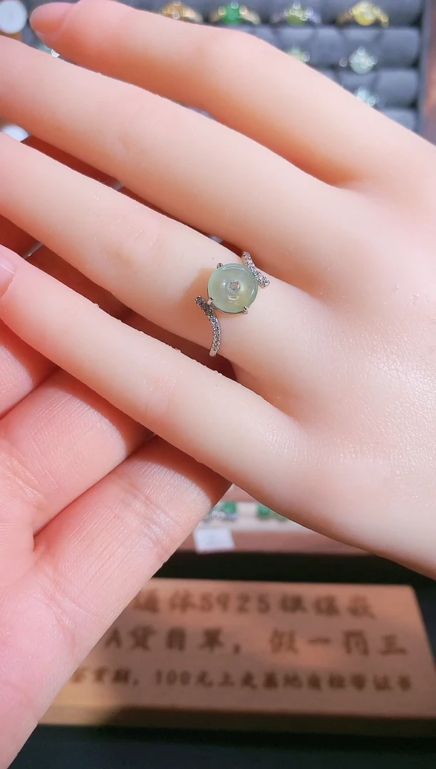 银S925镶嵌戒指翡翠S925银镶翡翠平安扣女饰品