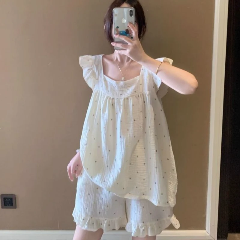 ins甜美风小飞袖睡衣女夏季日系彩色圆点网红韩版简约家居服套装