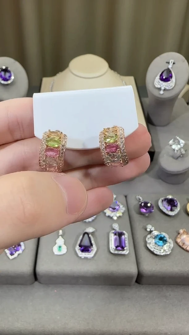 银S925镶嵌耳饰碧玺8mm耳扣设计款多样性发一