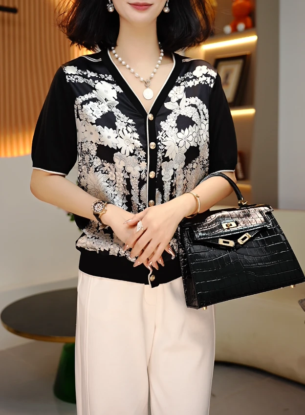 2025新品桑蚕丝印花休闲V领时尚通勤女士打底短袖开衫-黑白花
