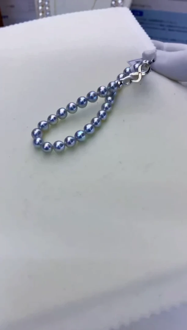 银S925镶嵌海水珍珠商品6-7真多麻色满珠手链