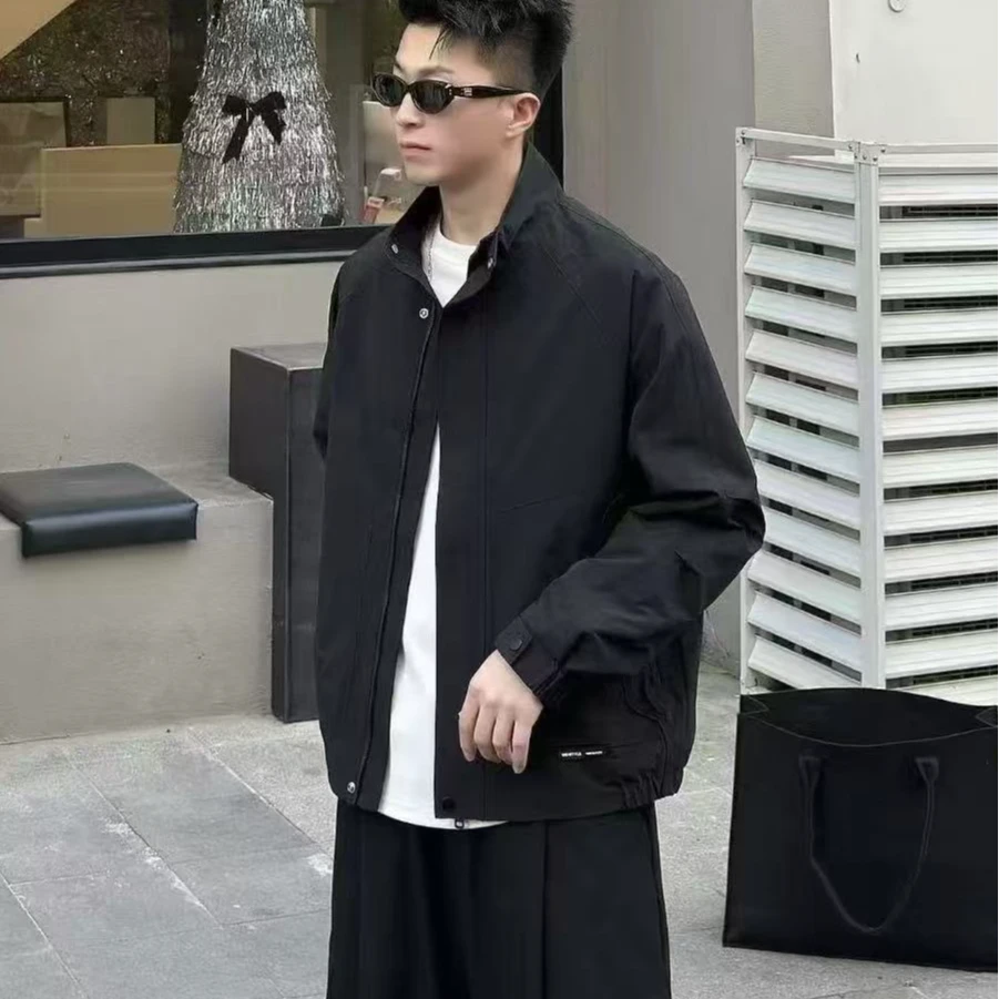 纯色宽松潮流防风立领百搭连帽简约夹克橡筋下摆时尚直下摆