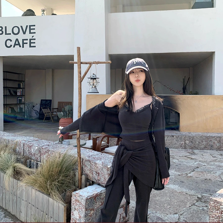 佐佐家小个子蕾丝吊带背心时尚套装女春季开衫外套休闲裤三件套