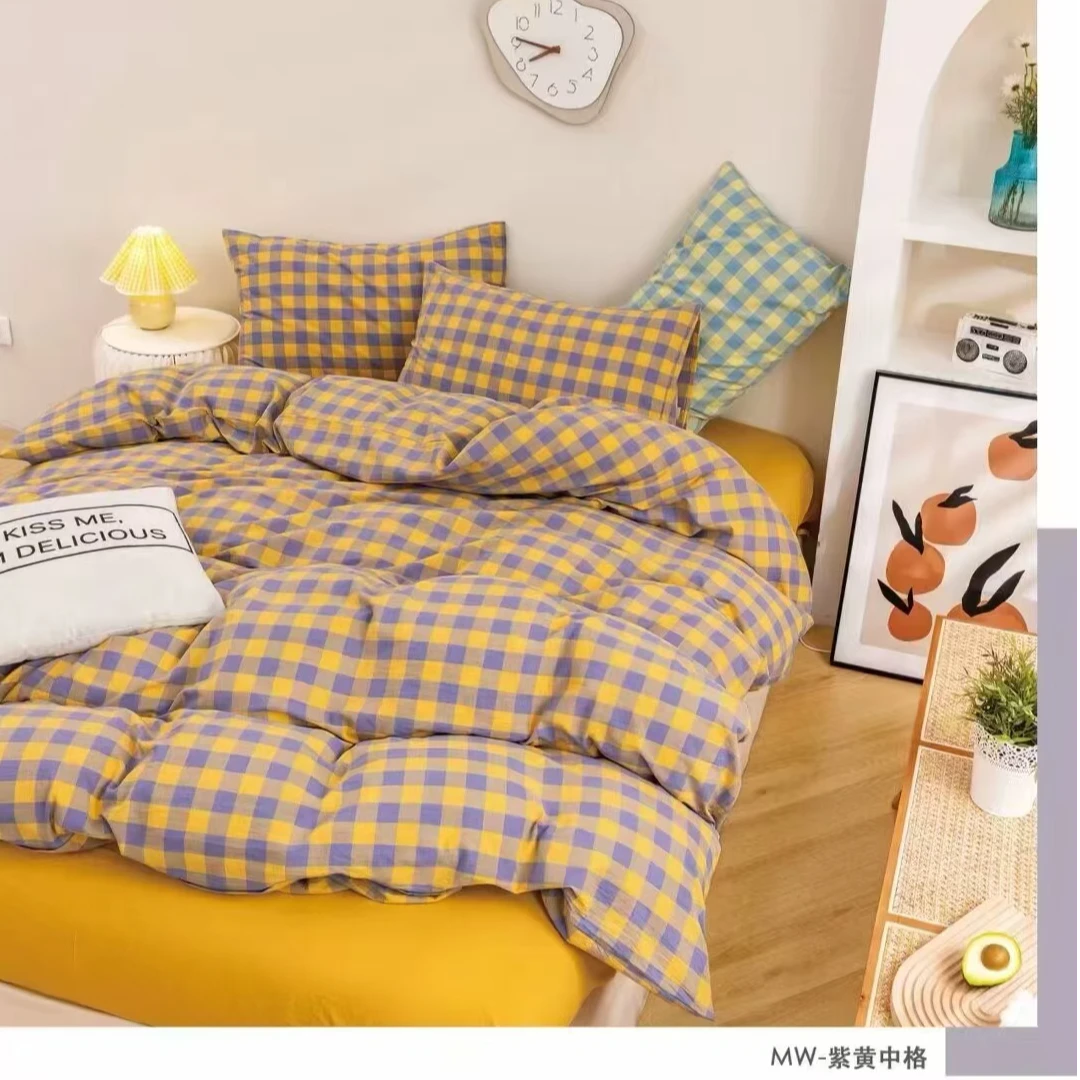 无印风纯棉床单简约大气100棉单床单2.3*2.5米---紫黄中格