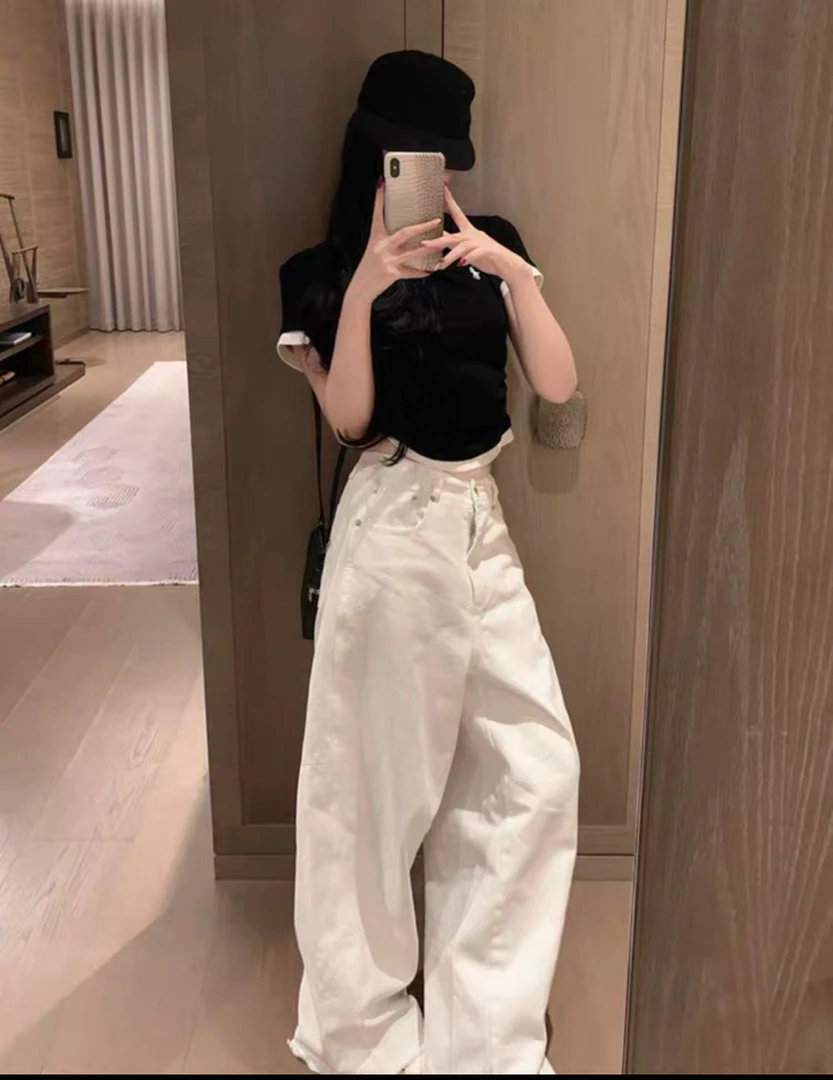 进口土耳其棉2025春夏新款白色牛仔裤刺绣阔腿裤宽松垂感拖地女-1