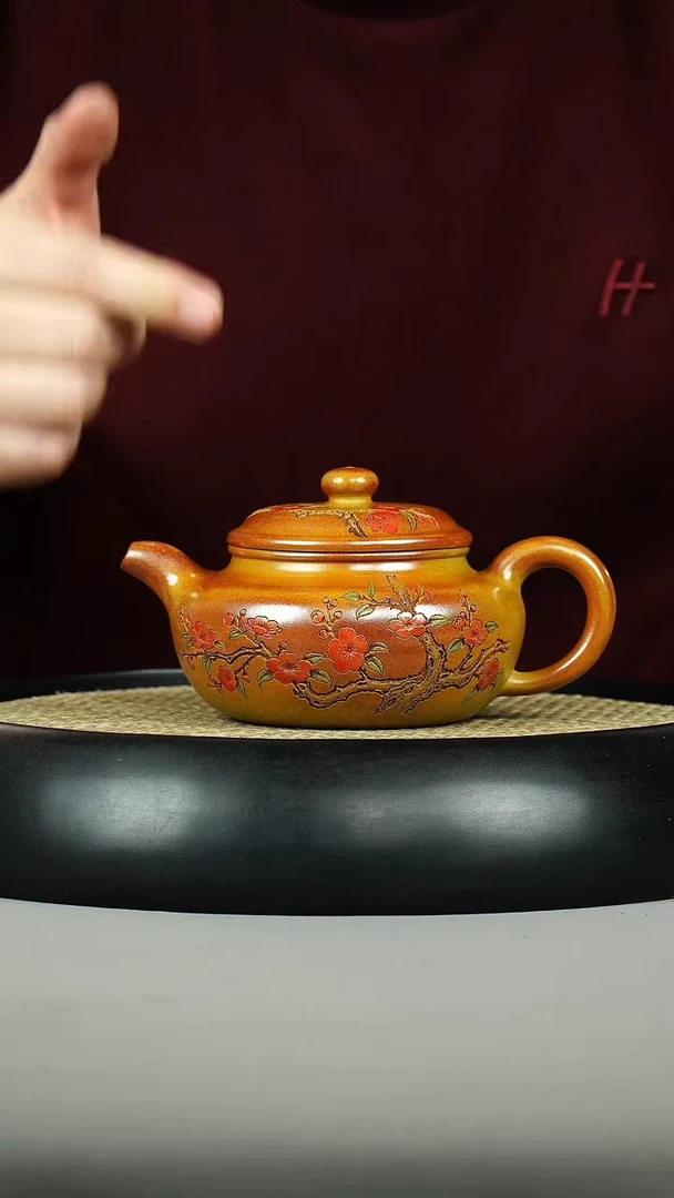 茶壶紫砂赤焰烧 仿古 彩刻梅花
