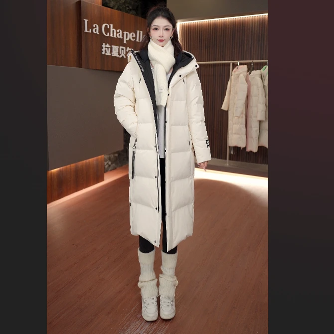 拉夏贝尔娜扎同款 25年新款冬季连帽修身长款加厚白钻秋冬羽绒服