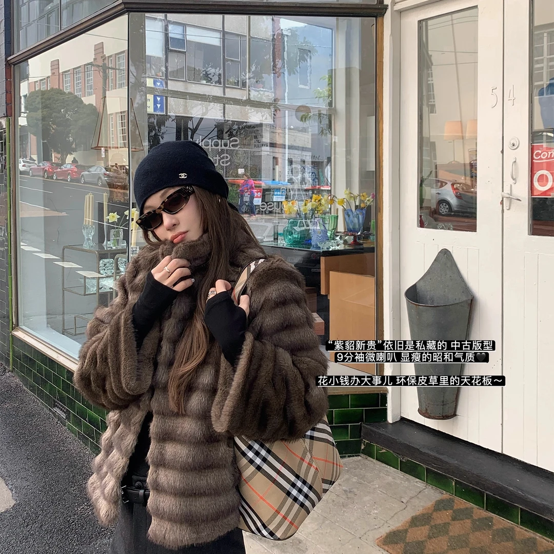 新款暖咖龙猫仿水貂中古版型9分喇叭袖2025冬季环保皮草女冬