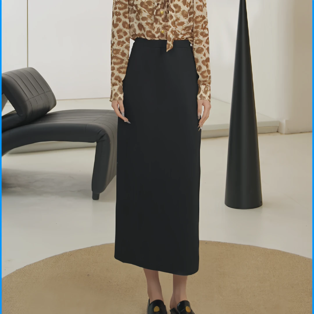 IDENTIFIES/易缔媤半身裙长裙常规气质开叉黑色长款显瘦D23148
