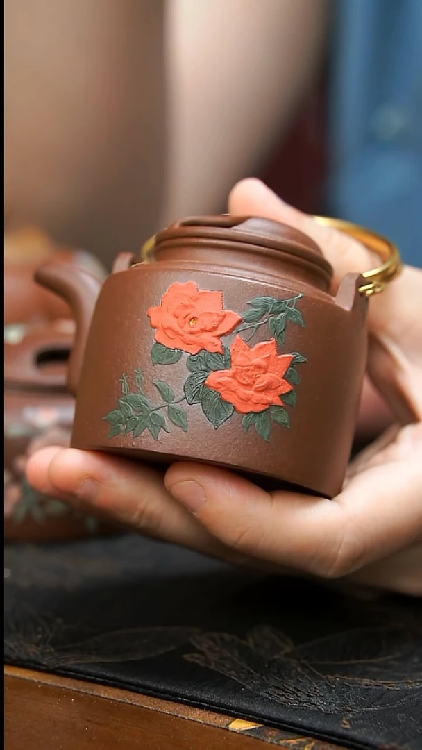 茶壶紫砂牛盖玫瑰花提梁壶120cc