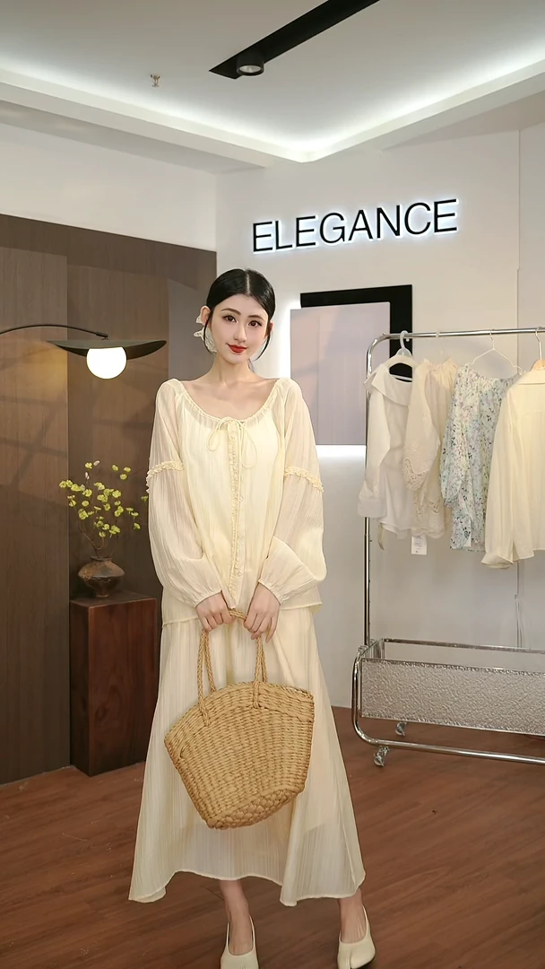 白茶甜桃 初夏净色甜美木耳边上衣女高腰半身裙套6250