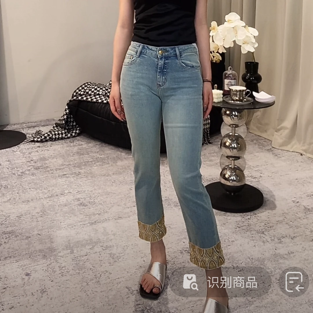 【燕子在南油】裤长90夏季亮片九分收脚国风牛仔裤30737
