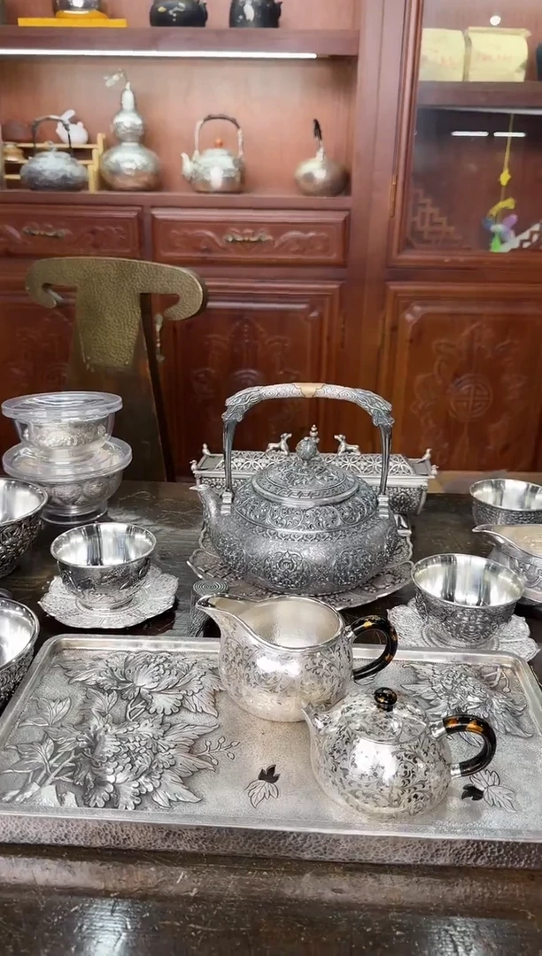 g*g足银精工手工牡丹高浮雕茶盘
