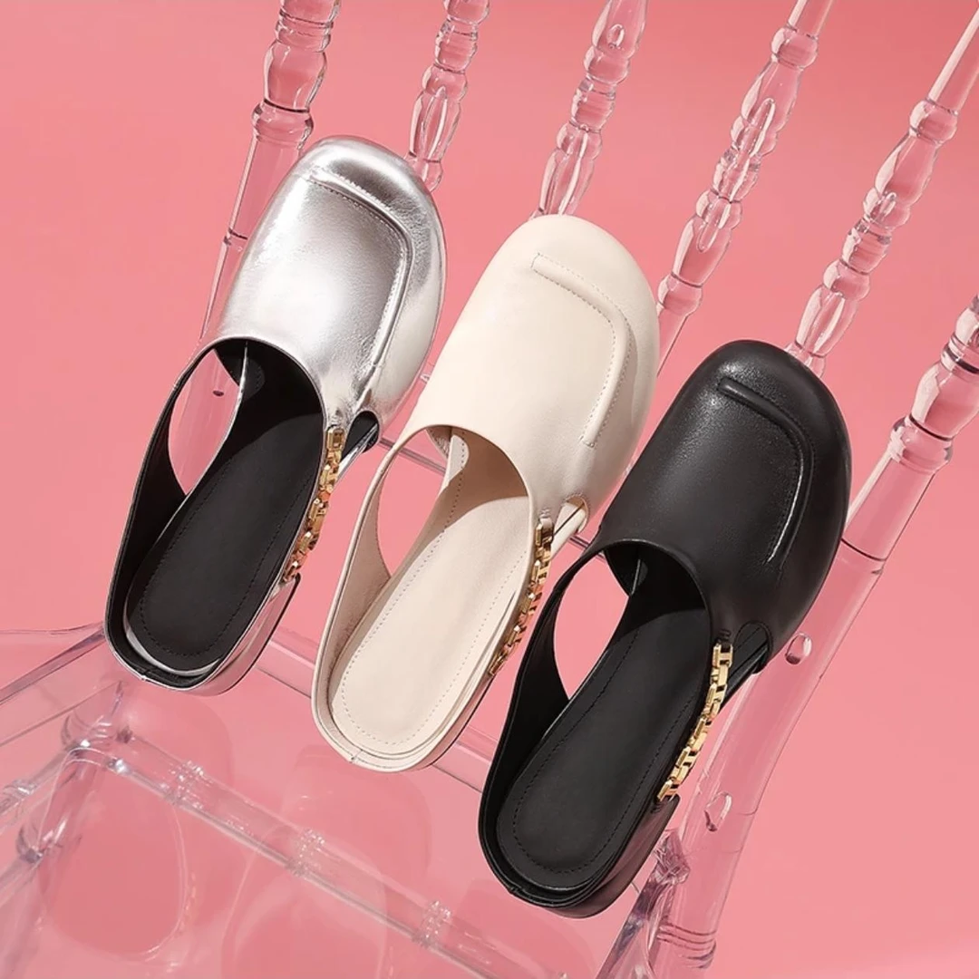 轻奢鞋子3cm粗跟包头半拖鞋女2025夏新款时尚圆头镂空低跟皮拖鞋