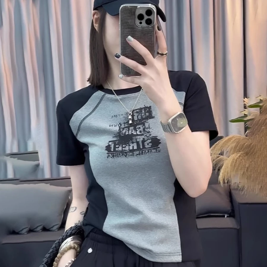 美式复古正肩短袖t恤女2025新款爆款夏季拼接撞色修身显瘦上衣ins