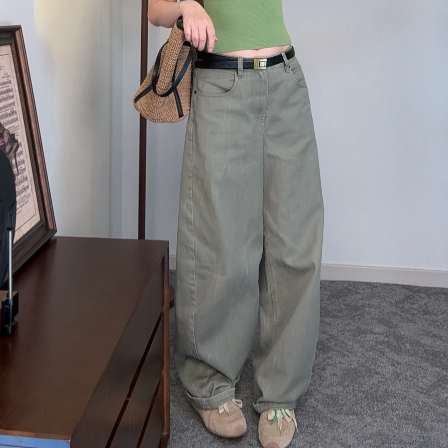 AMASS阿玛施宽松扎花水洗阔腿牛仔弯刀裤510084