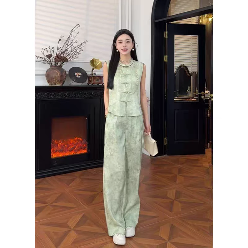 夏季新中式复古盘扣宽松无袖上衣与直筒裤套装