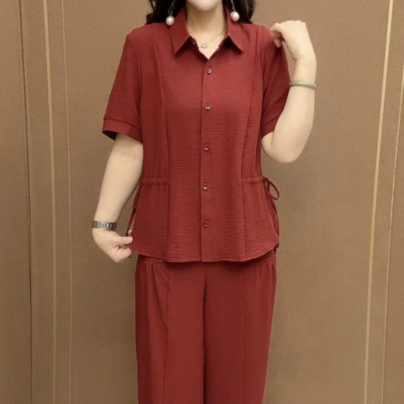 夏季减龄纯色气质轻薄休闲短袖加裤子两件套纯色妈妈显瘦衬衫套装