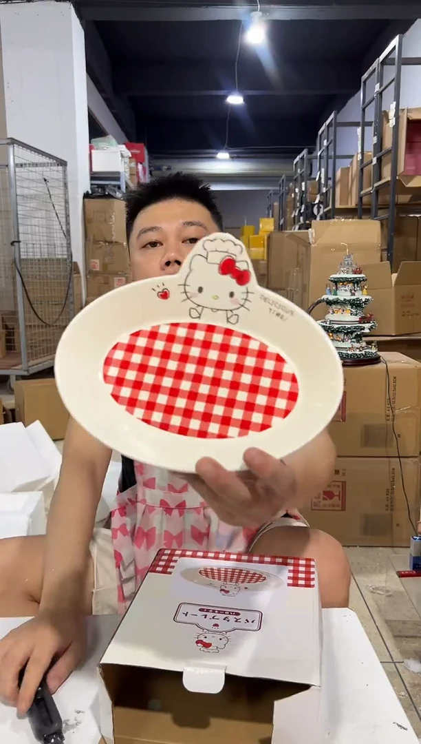 瓷片原盒kt猫红格子餐盘