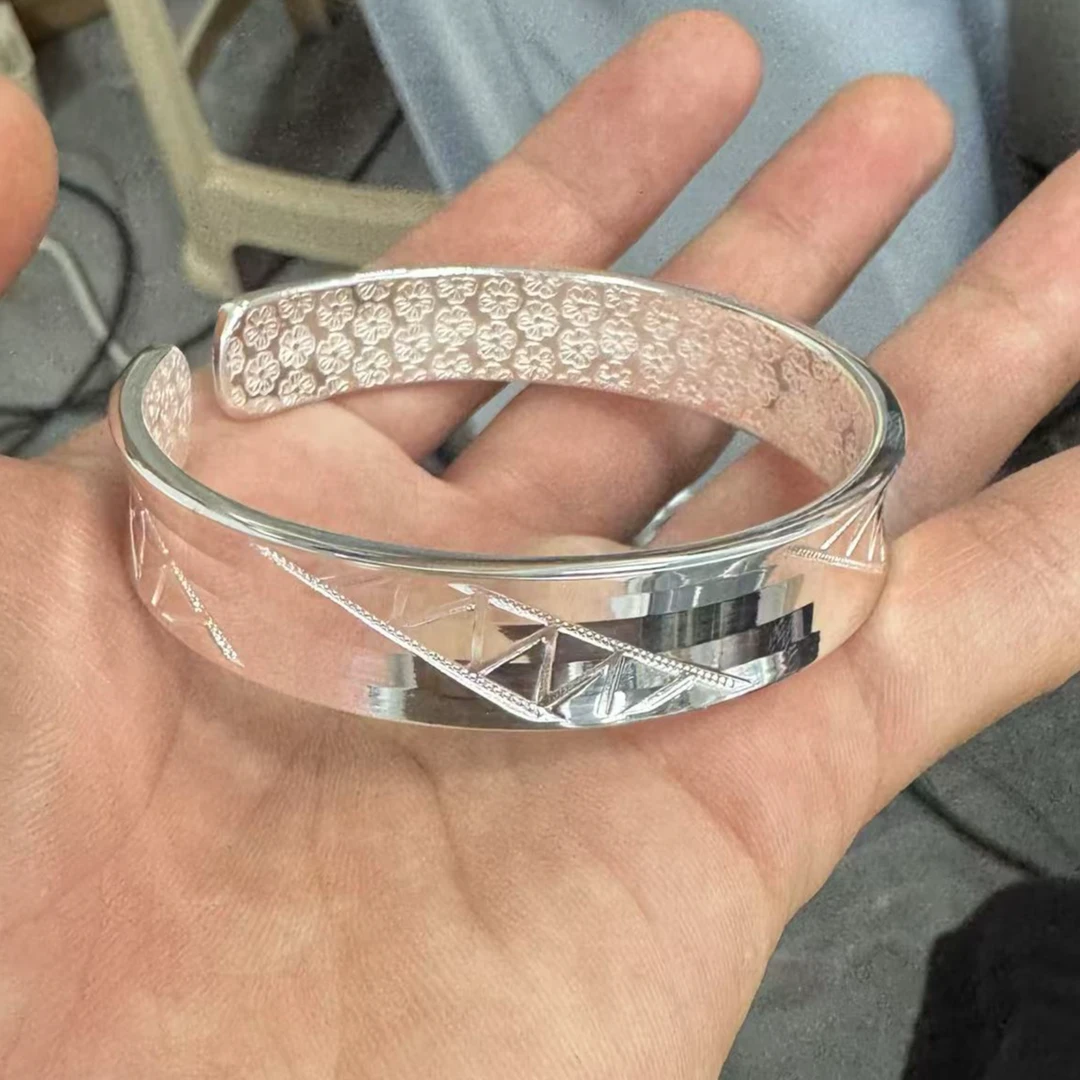九乐 足银手镯 亮面几何图形凹面开口手镯