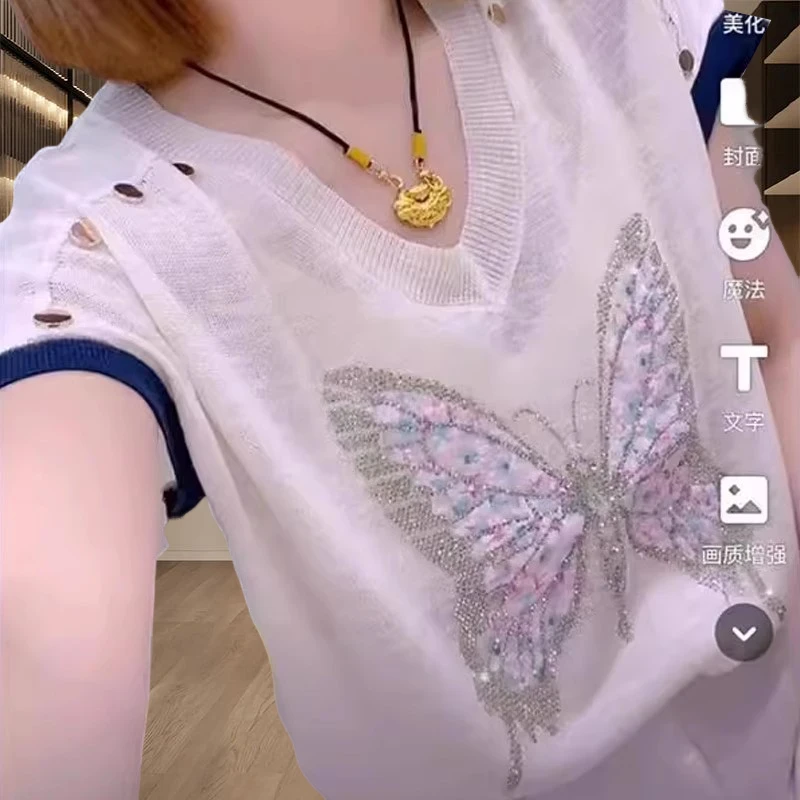 韩版薄款V领漂亮针织衫短袖女2025夏季新款蝴蝶设计洋气T恤上衣服