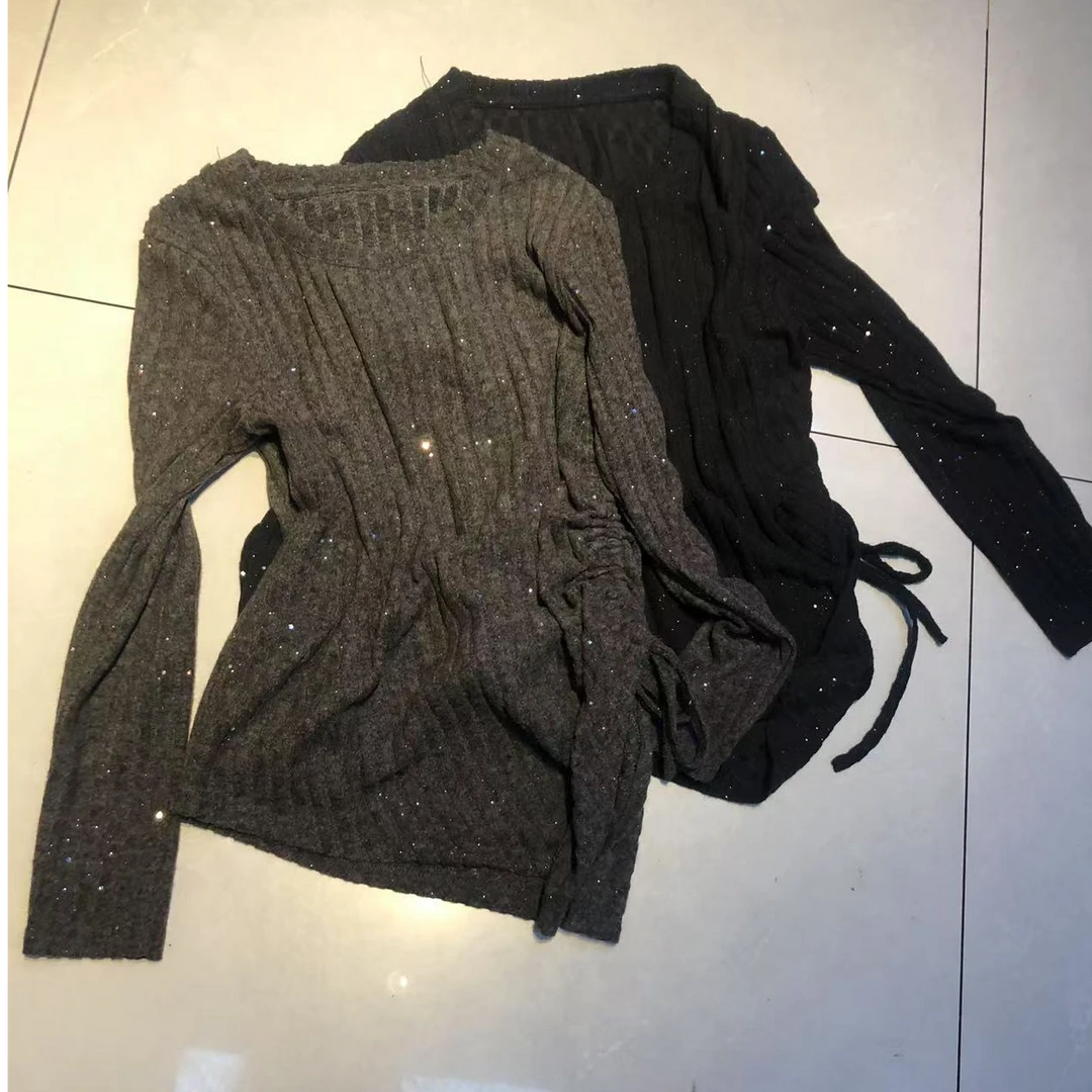 不规则晕闪片斜边抽绳长袖坑条绒打底单穿T恤新亮闪闪修身打底衫