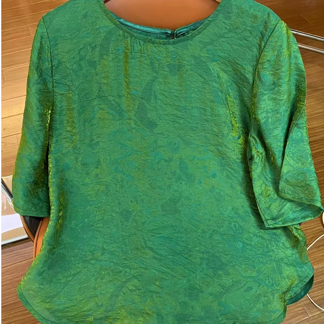 2025夏季新款新中式国风圆领上衣浮光锦百搭气质衬衫小衫