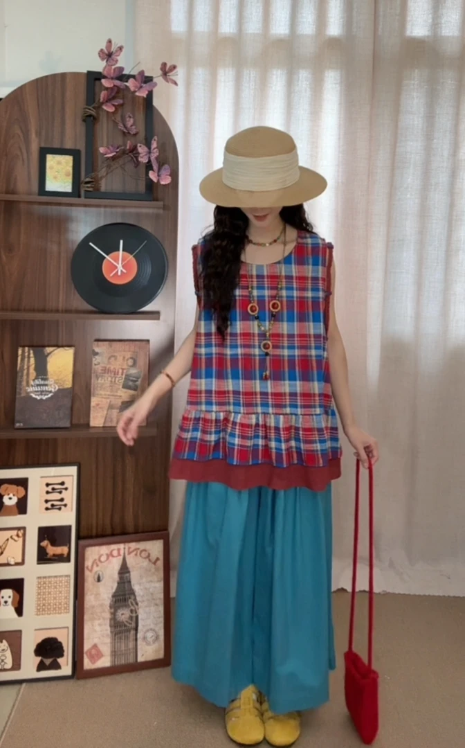 日系复古百搭格子设计感袖口麻花辫背心上衣（衣长67胸围120）