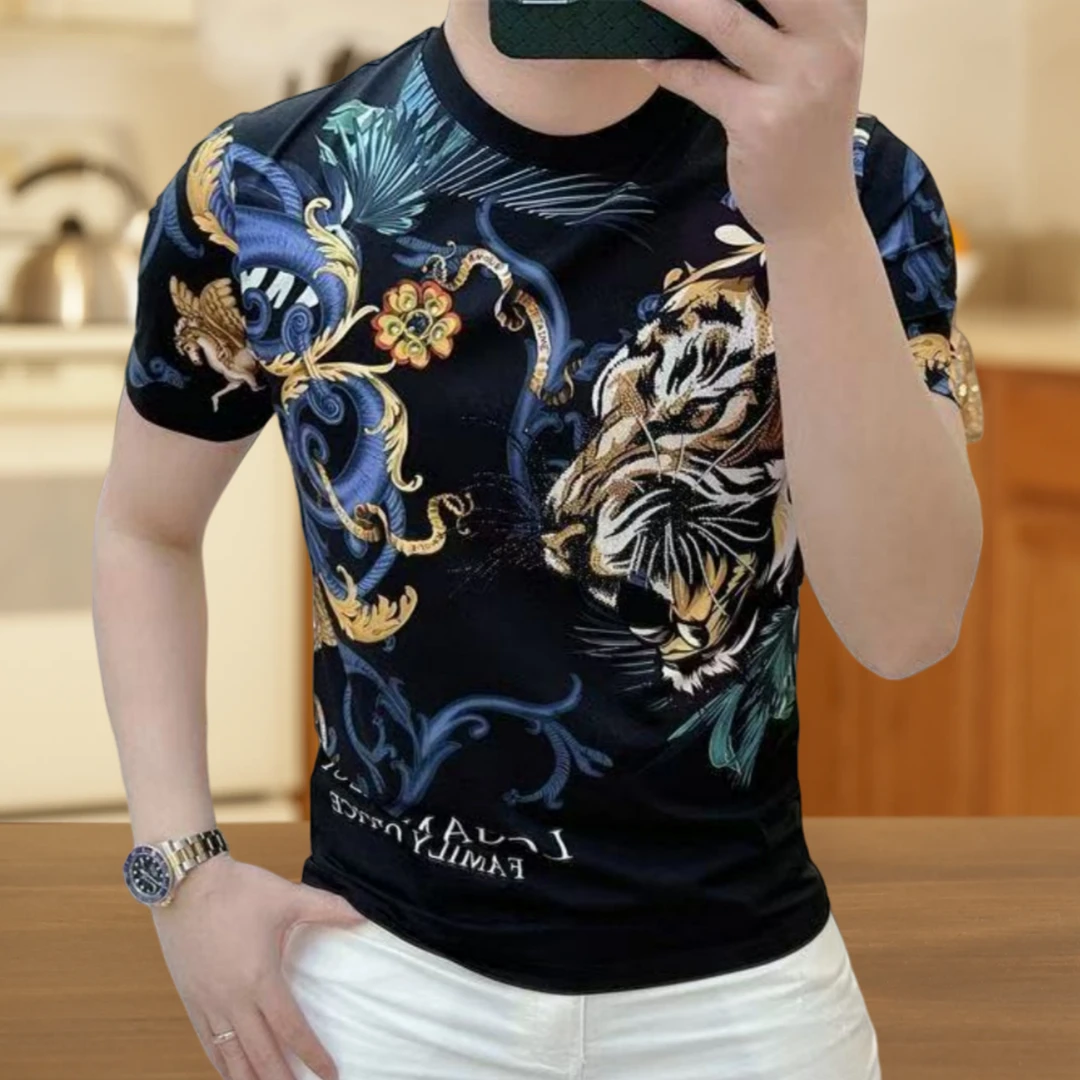 欧洲站2025夏季新款霸气虎头印花男士高档t恤时尚修身个性短袖