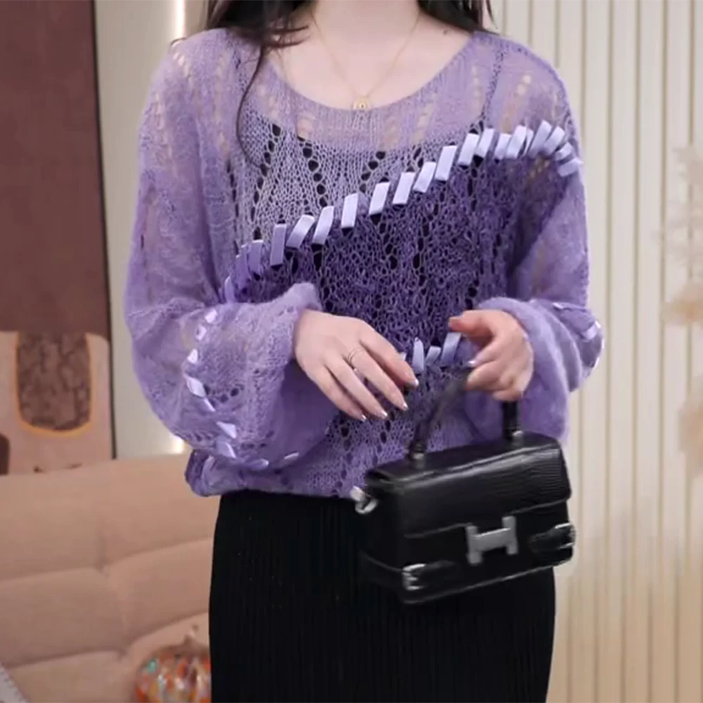 蔷薇 2025春夏上新百搭休闲欧若风针织衫女时尚镂空气质圆领