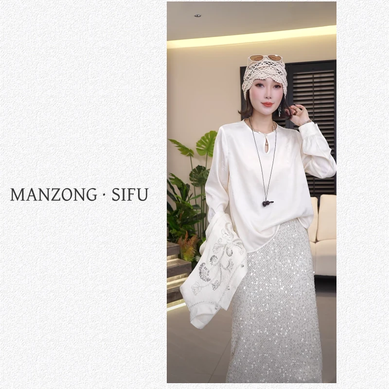 MANZONG·SIFU「春季新款」高定气质时尚碎竹印花长袖上衣8139-1