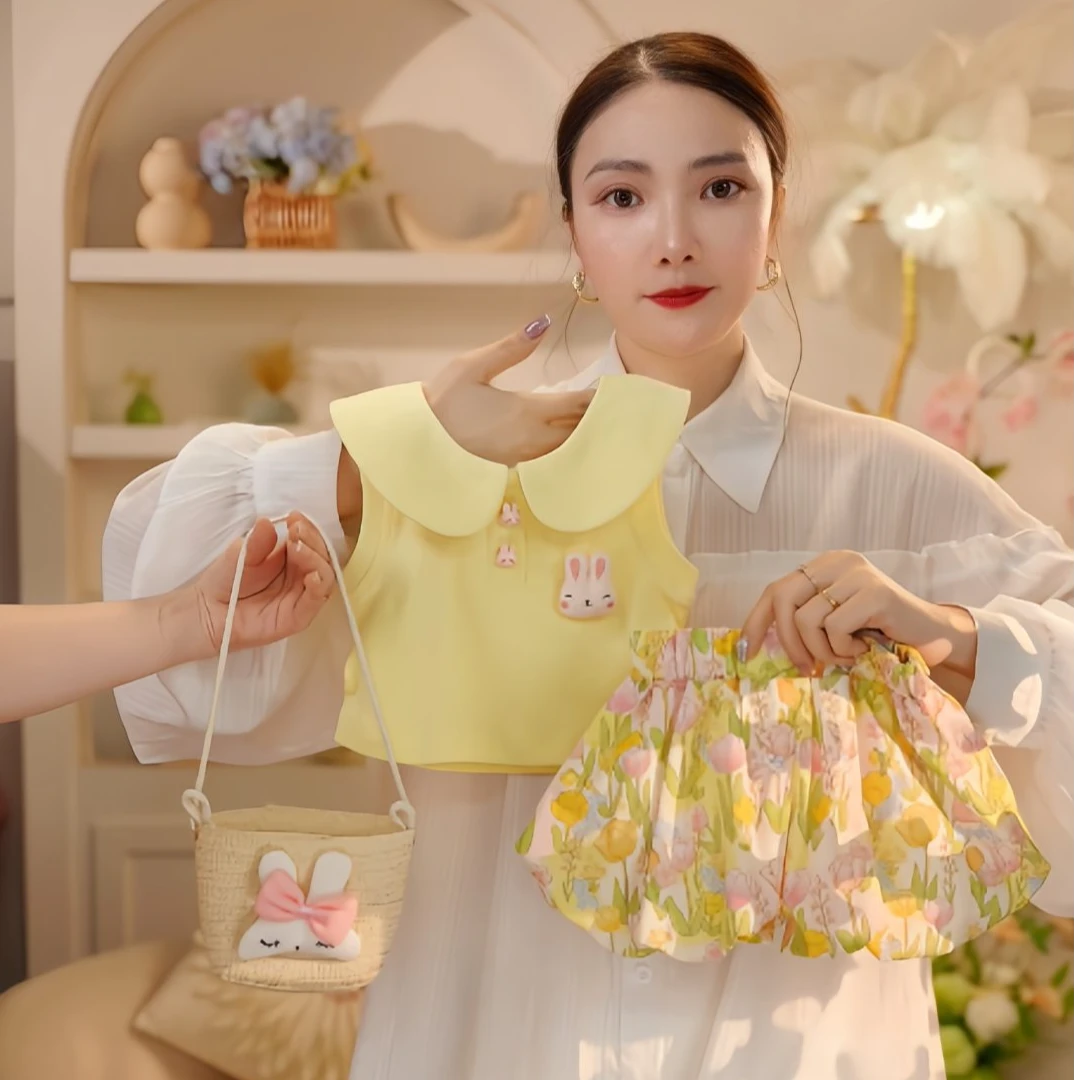 【现货】2025年夏季新款女童可爱娃娃领粉色小兔碎花花苞裤套装022