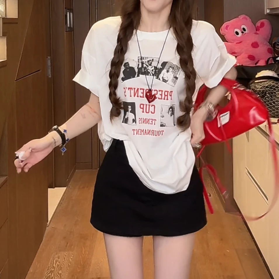 甜酷宽松卡通印花短袖百搭t恤女2025夏季新款设计感休闲圆领上衣