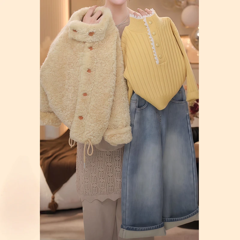 女童加绒毛毛衣毛衣套装2025新款秋冬款羊羔绒外套蕾丝加厚针织衫