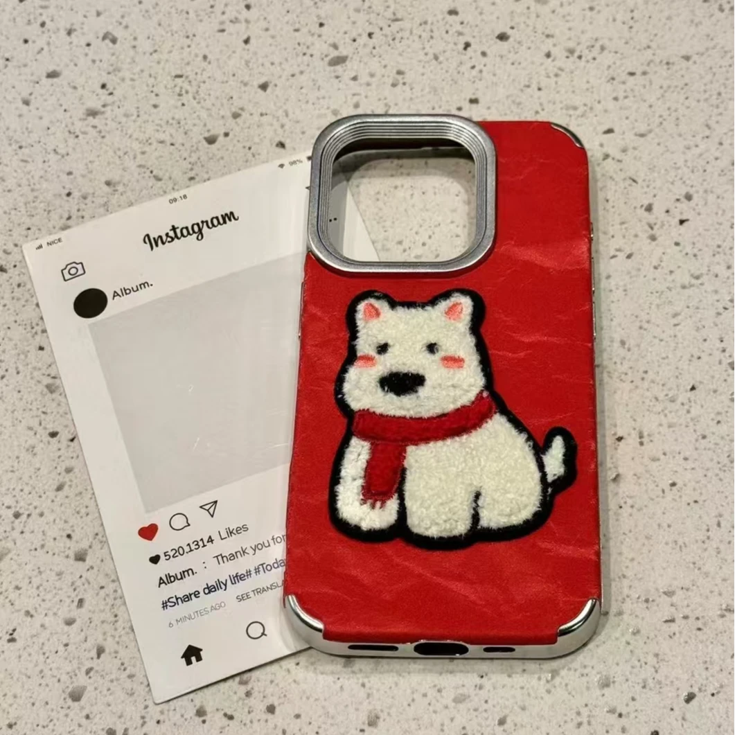 绒布刺绣西高地适用苹果16promax手机壳iPhone15新款14小众13套PM