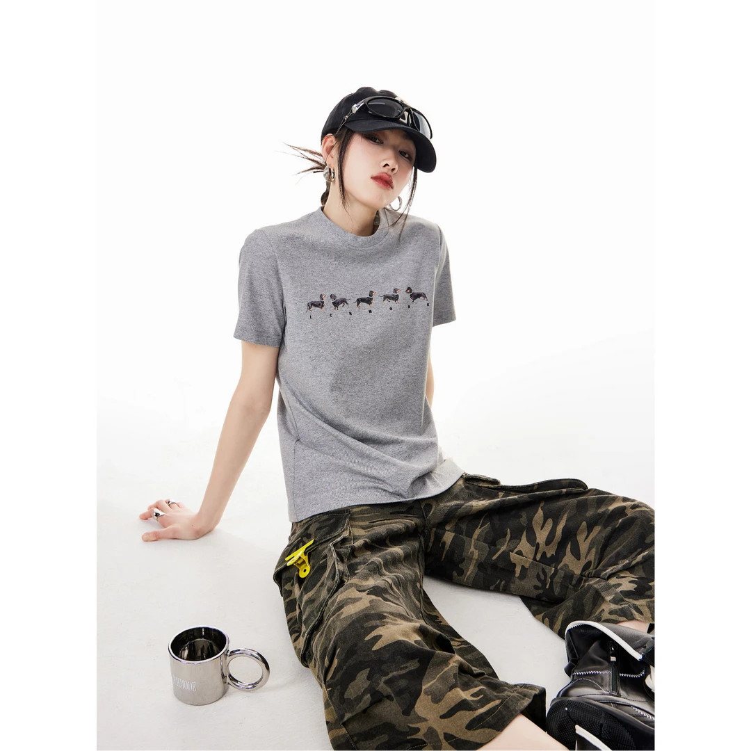 ICHMODE美式修身快乐小狗短袖T恤运动针织户外休闲夏季宽松印花