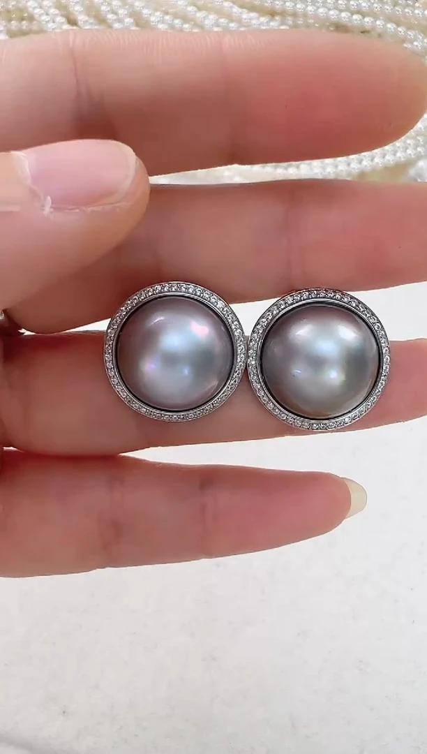 【闪购商品】拼合珍珠（马贝珠）耳饰银S925镶嵌灰色太阳花