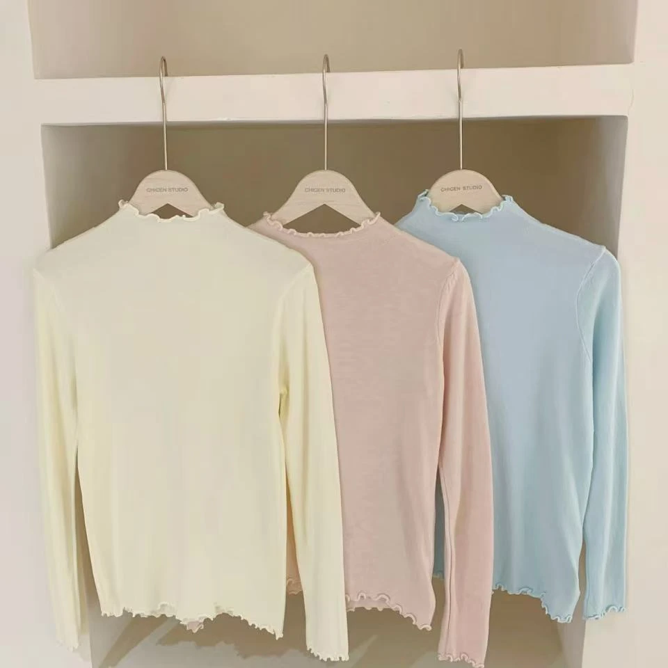 【Chicen】♥长袖高领木耳边套头百搭纯色打底