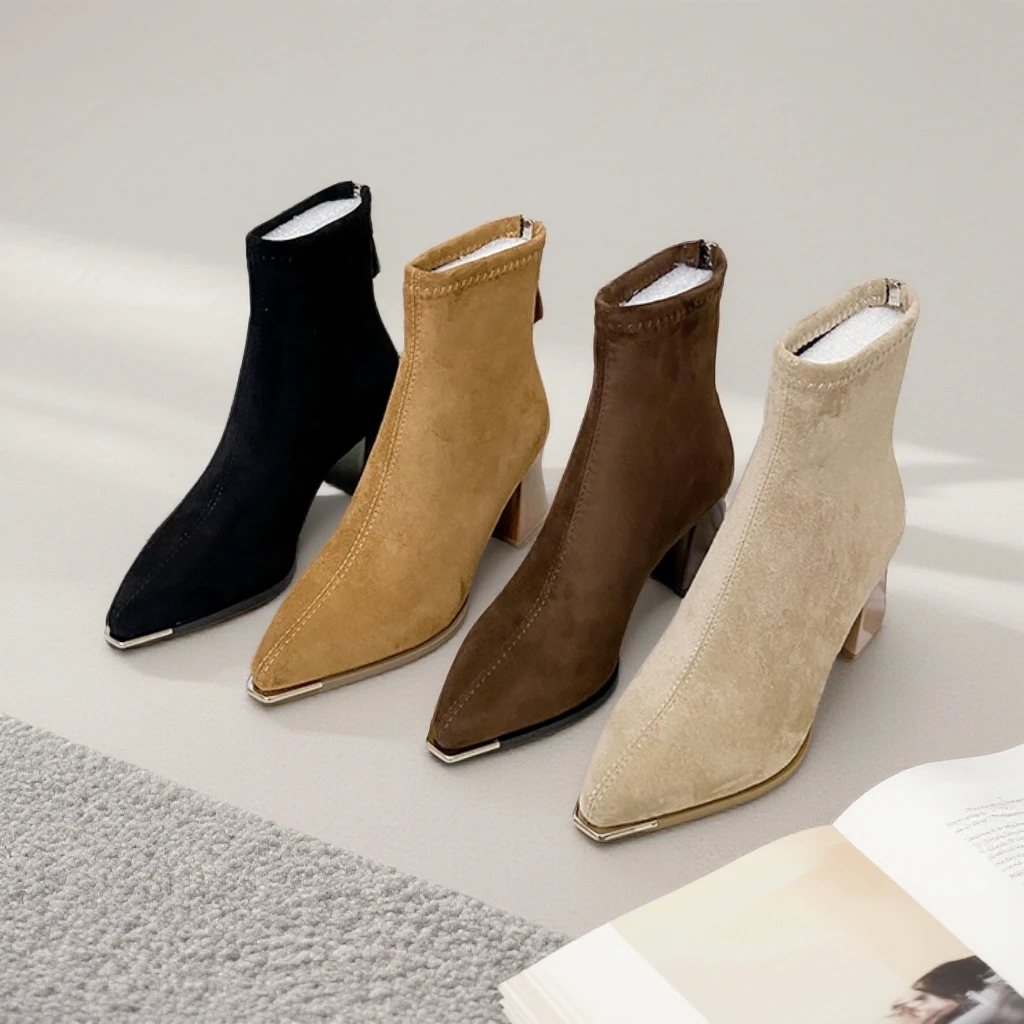 时尚百搭短筒金属女尖头高跟后拉链马丁靴春秋细跟网红靴子瘦瘦靴