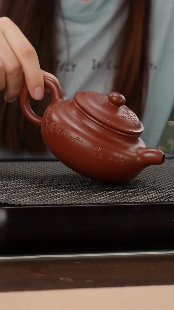 茶壶紫砂朱泥大红袍精工墨梅刻绘仿古300cc