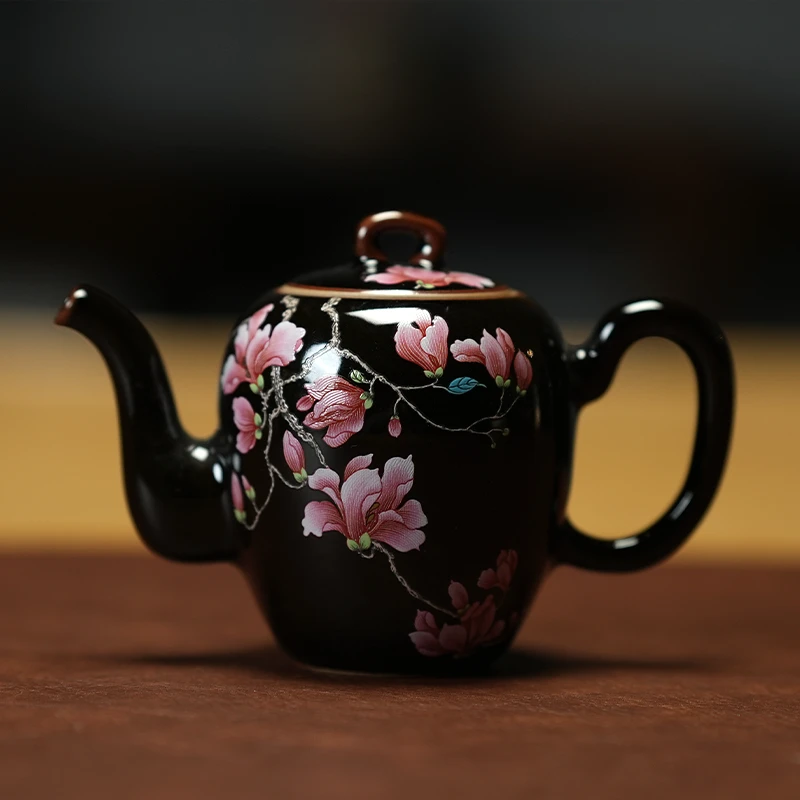 乌金釉玉兰花美人壶不开片高级泡茶壶球孔过滤中式精致茶壶 s1003