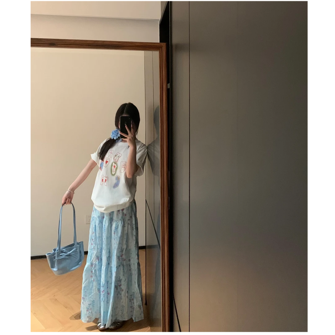 法式复古牛仔时尚碎花半身裙女夏季新高腰显瘦a字中长款大摆裙