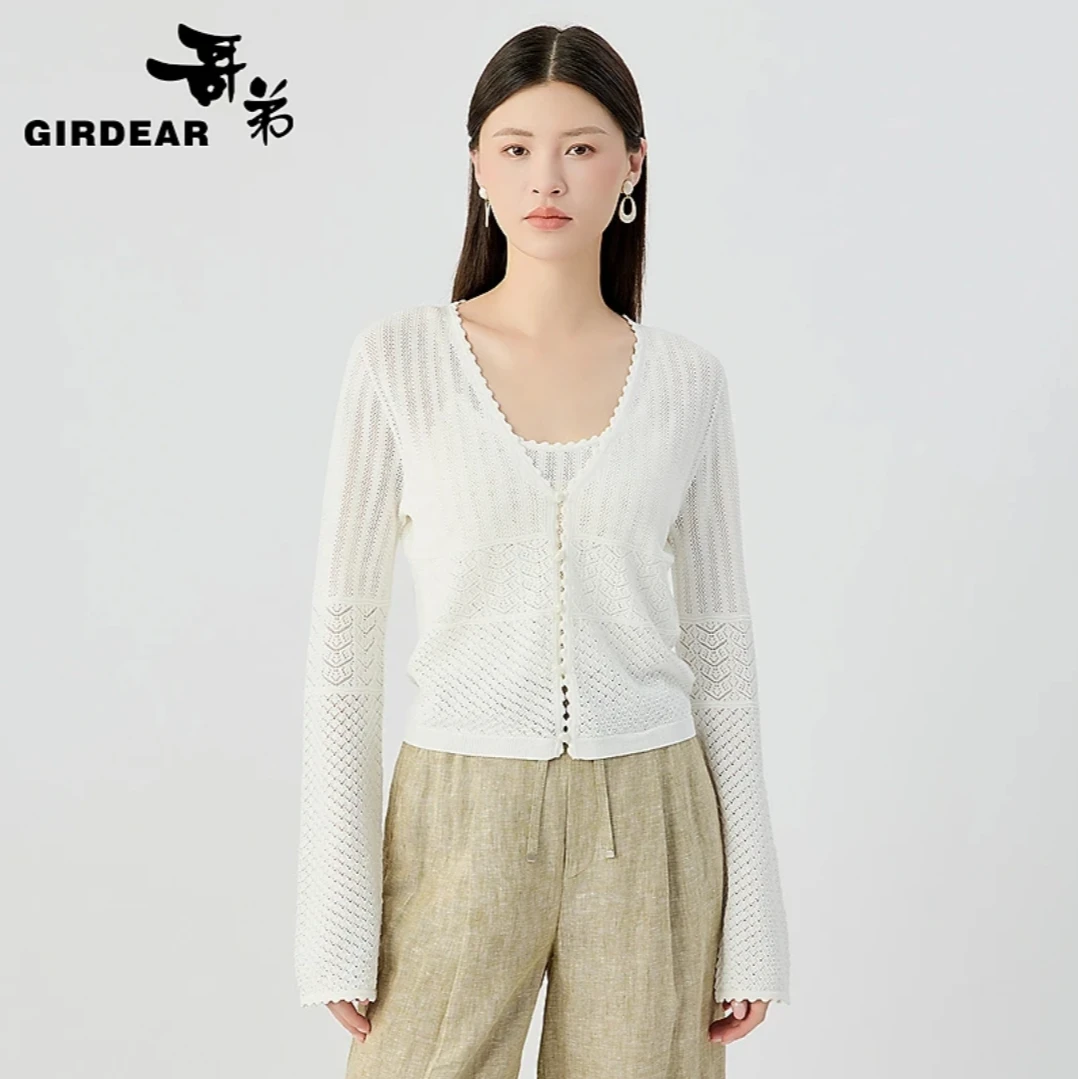 哥弟夏季新款波西米亚风简约百搭无缝镂空V领长袖针织开衫148029