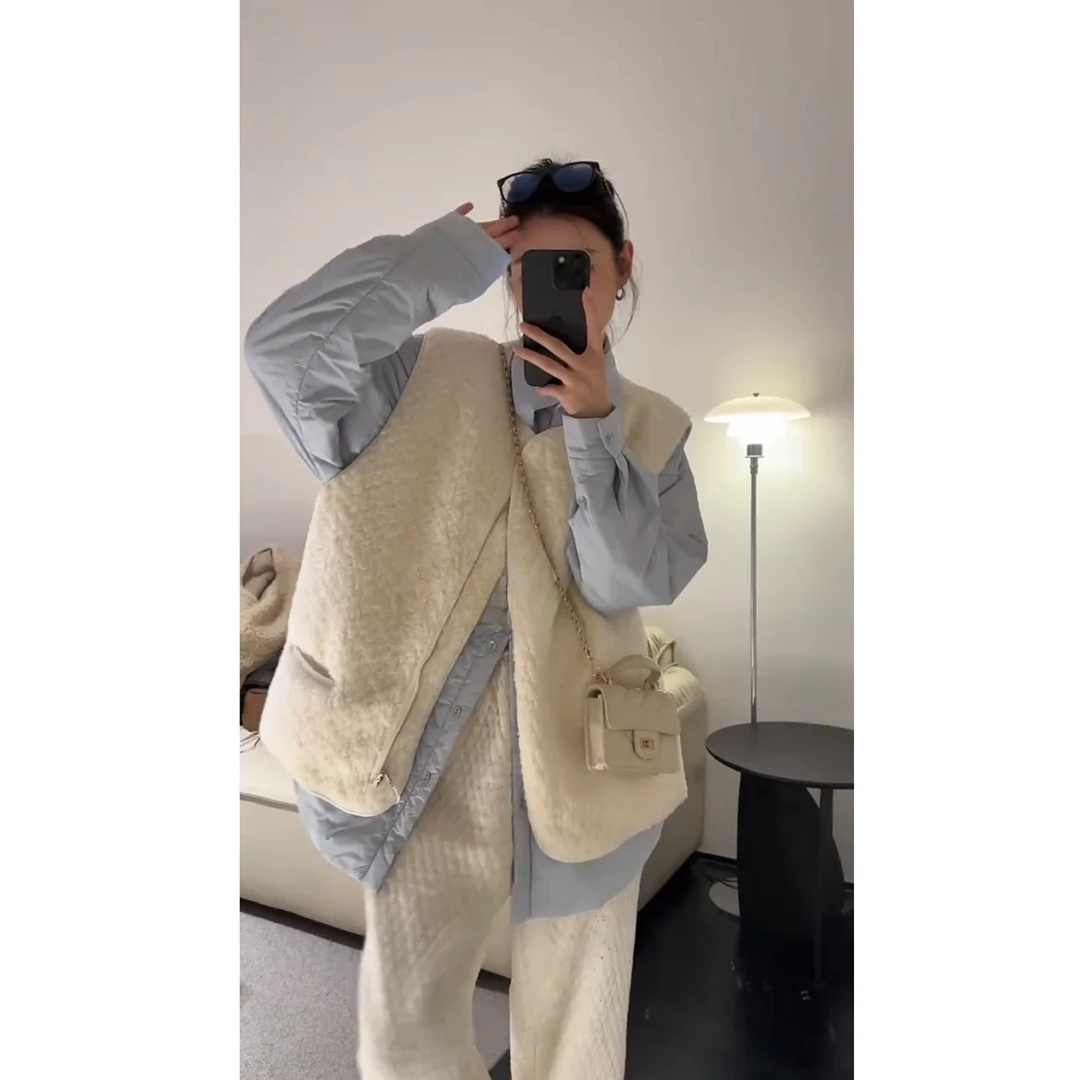 2025秋冬新款休闲马甲背心内搭宽松韩系衬衫棉服衬衫阔腿裤套装女