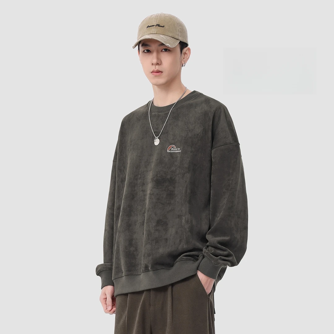 美式新款复古麂皮绒冬季重磅打底上衣套头衫加绒加厚圆领卫衣男潮