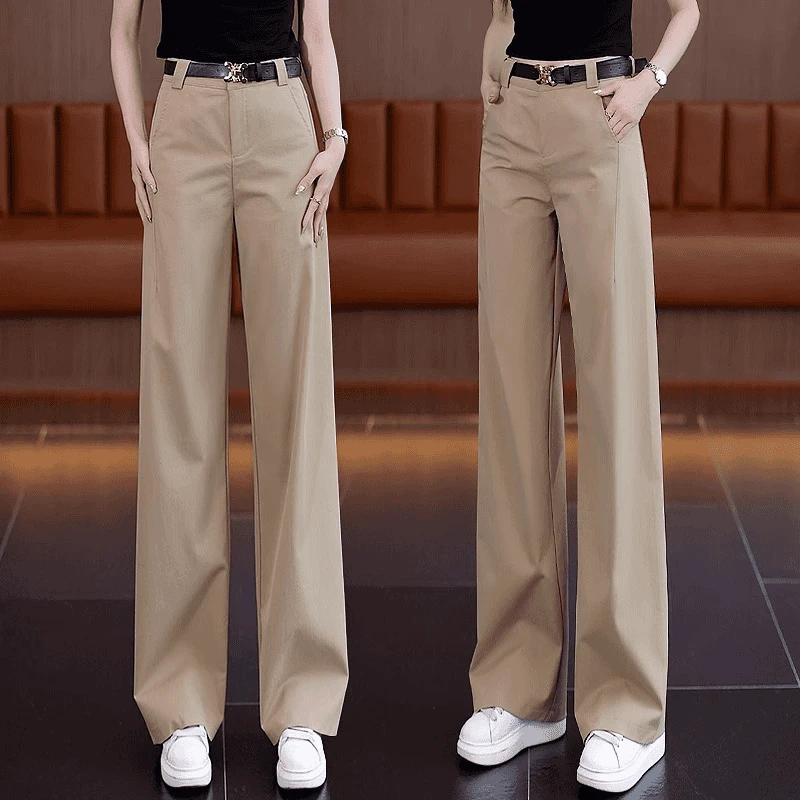 卡其色直筒裤女夏季春秋2025新款冰丝女裤高腰垂感休闲窄版阔腿裤
