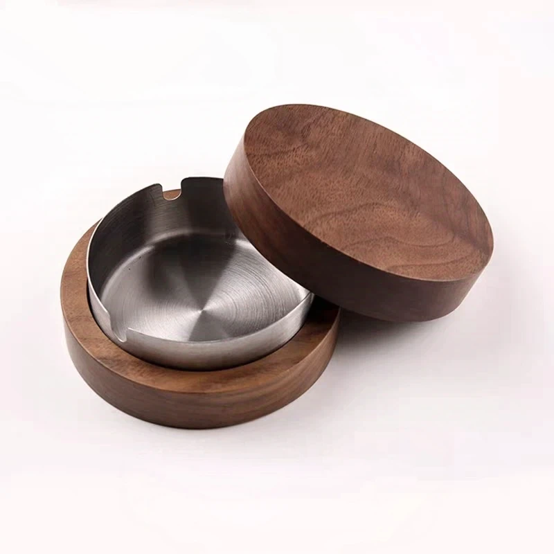 胡桃木带盖不锈钢防飞灰烟灰缸-8.5*5cm