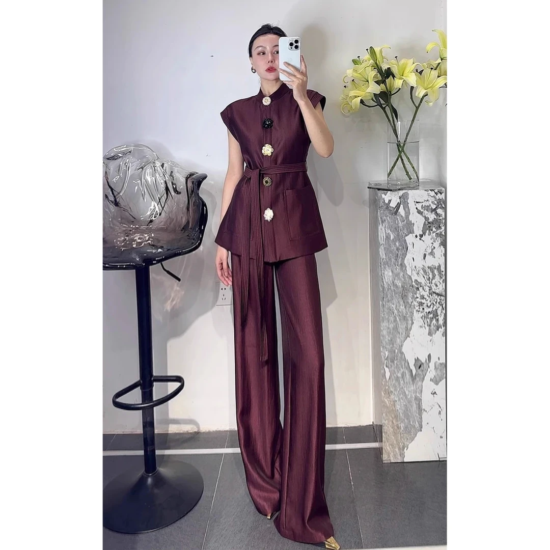 小众高级感女装夏季花扣包肩无袖系带收腰上衣直筒长裤两件套1602