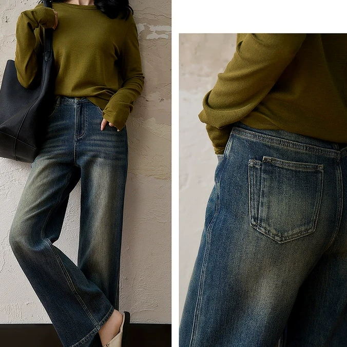 笑涵阁 复古丹宁都市休闲洒脱显腿长直筒阔腿牛仔裤女NKP764490AG