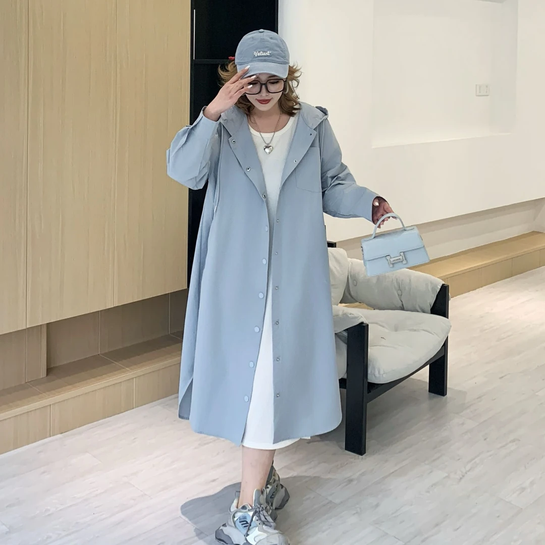 媛子大码【蓝海星辰】连帽风衣2025春季新款宽松慵懒设计款显瘦